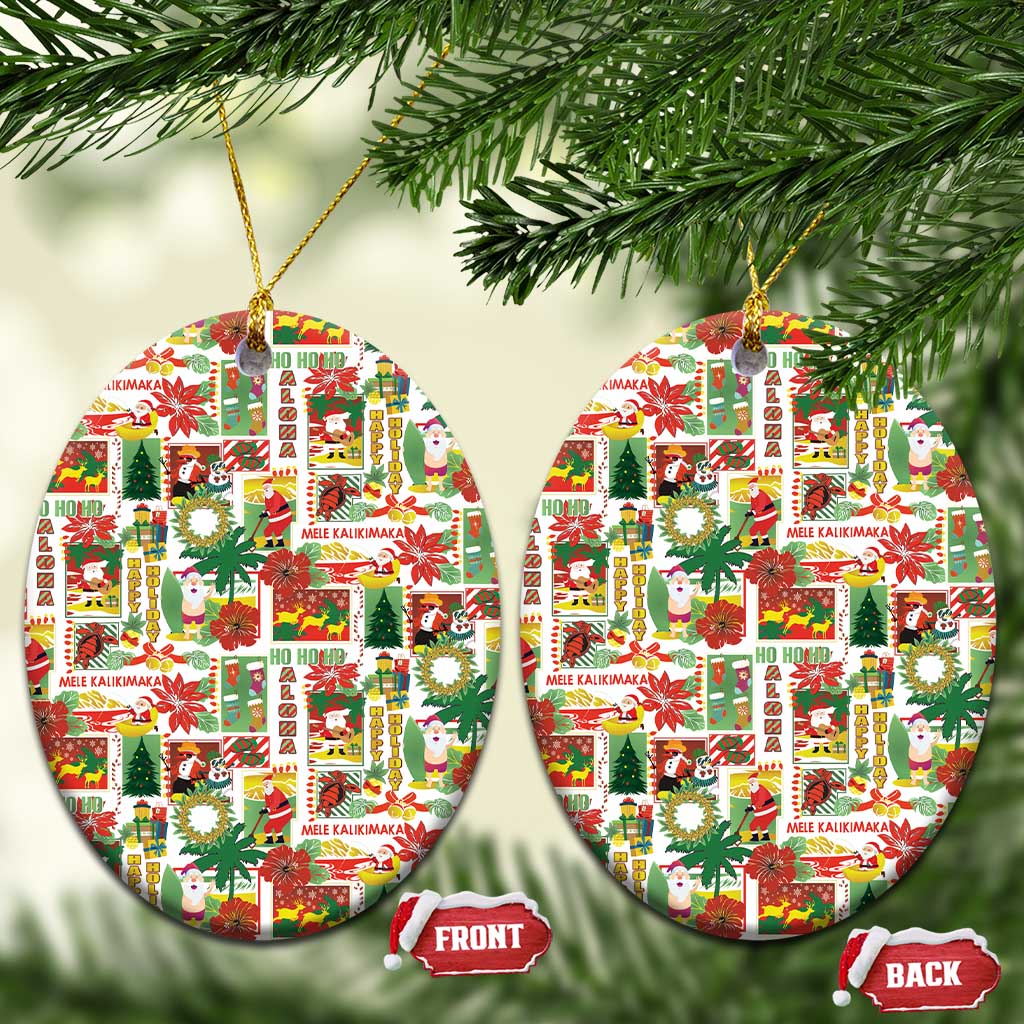 Hawaiian Santa Christmas Pattern Ceramic Ornament White Version LT01 Oval Red - Polynesian Pride