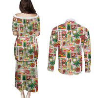 Hawaiian Santa Christmas Pattern Couples Matching Puletasi and Long Sleeve Button Shirt White Version LT01 - Polynesian Pride