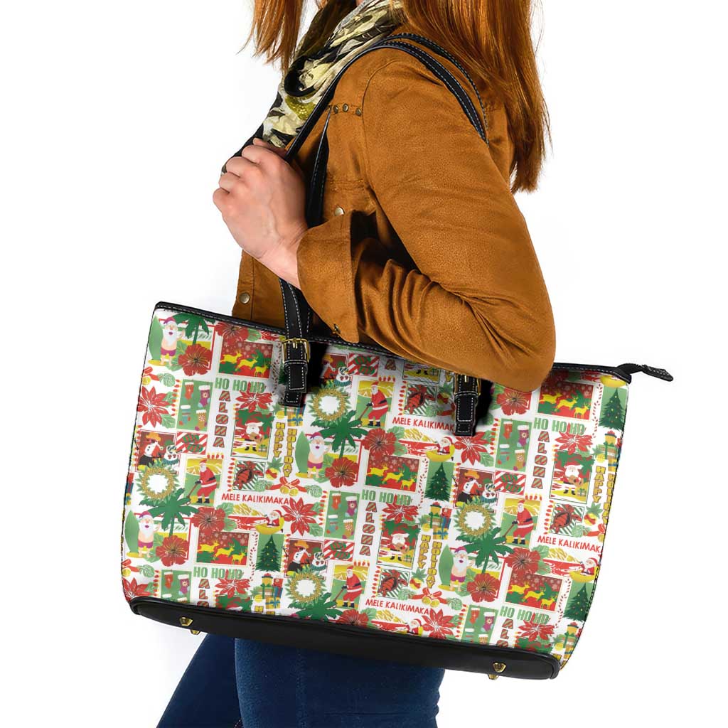 Hawaiian Santa Christmas Pattern Leather Tote Bag White Version LT01 Red - Polynesian Pride