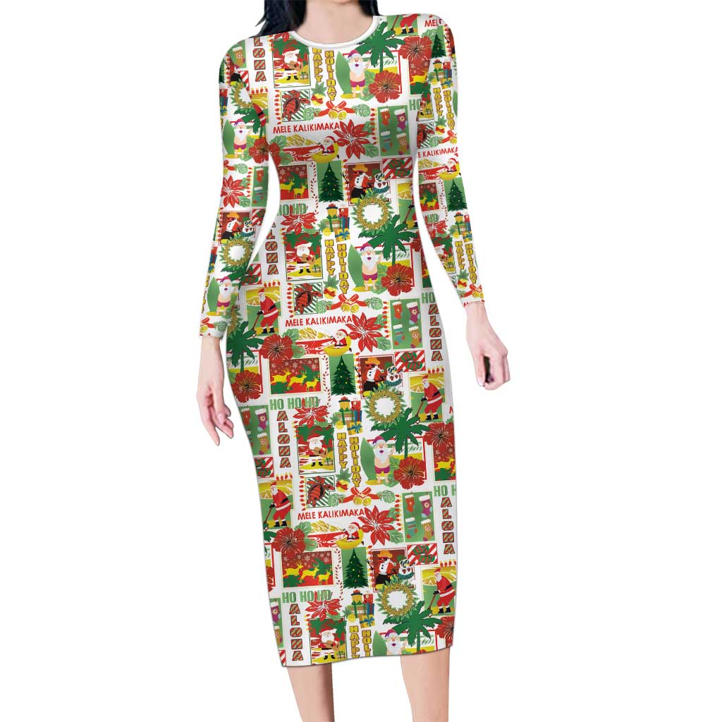 Hawaiian Santa Christmas Pattern Long Sleeve Bodycon Dress White Version LT01 Long Dress Red - Polynesian Pride