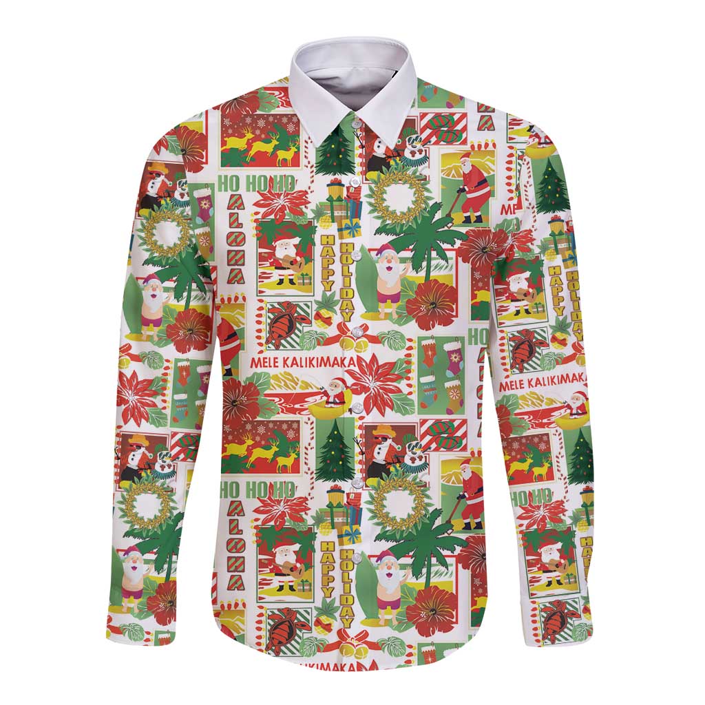 Hawaiian Santa Christmas Pattern Long Sleeve Button Shirt White Version LT01 Unisex Red - Polynesian Pride