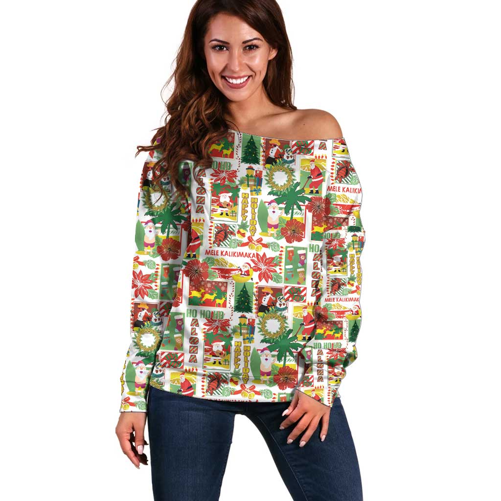 Hawaiian Santa Christmas Pattern Off Shoulder Sweater White Version LT01 Women Red - Polynesian Pride