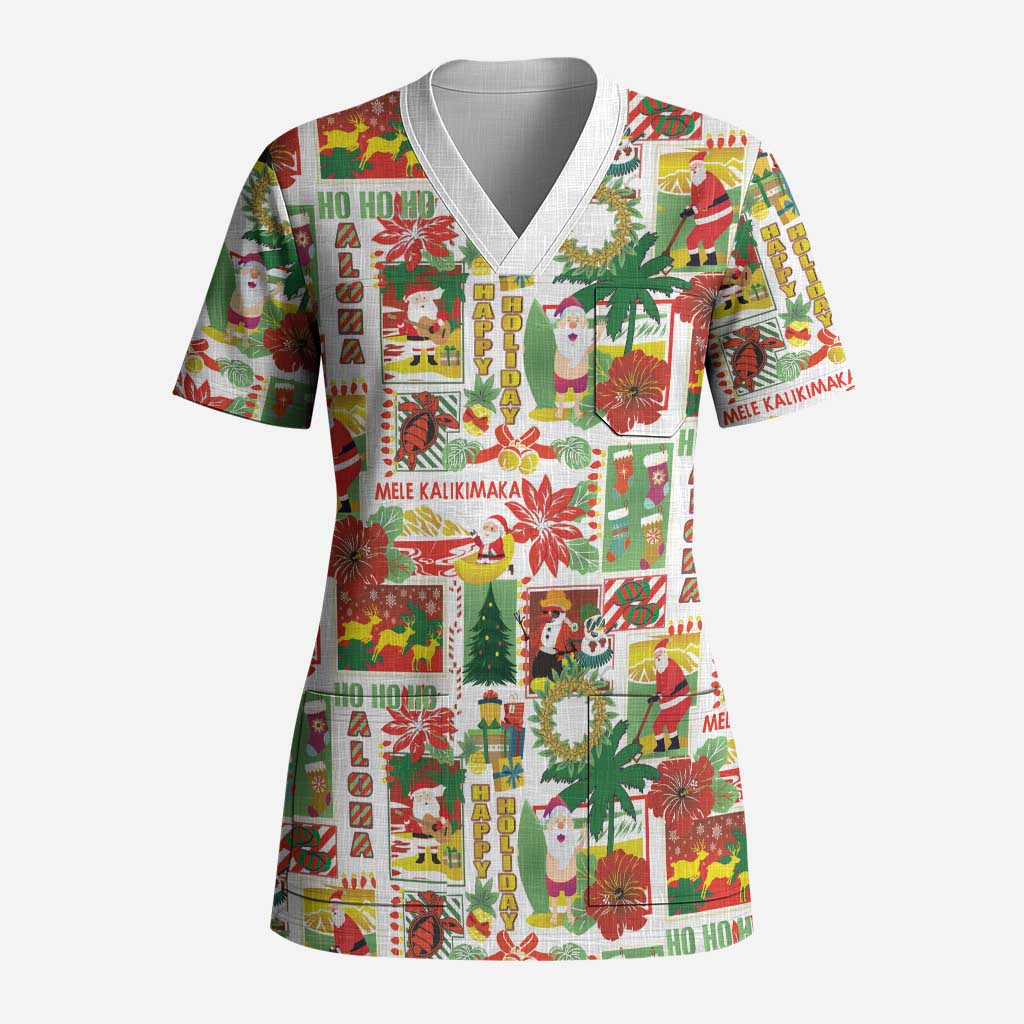 Hawaiian Santa Christmas Pattern Scrub Top White Version LT01 Adult Red - Polynesian Pride