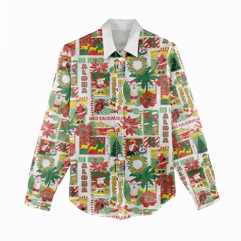 Hawaiian Santa Christmas Pattern Women Casual Shirt White Version LT01 - Polynesian Pride