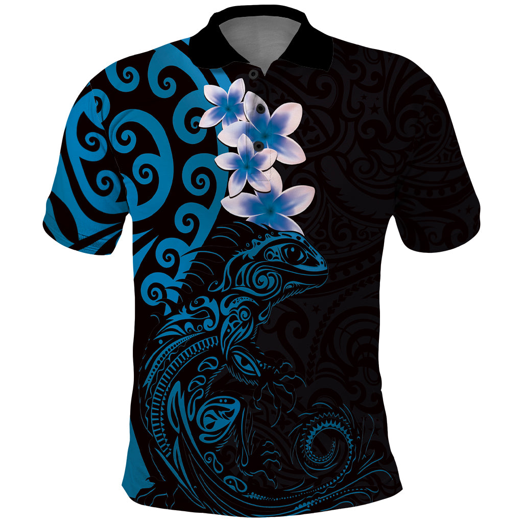 New Zealand Tuatara Plumeria Polo Shirt Maori Blue Koru Tribal Tattoo