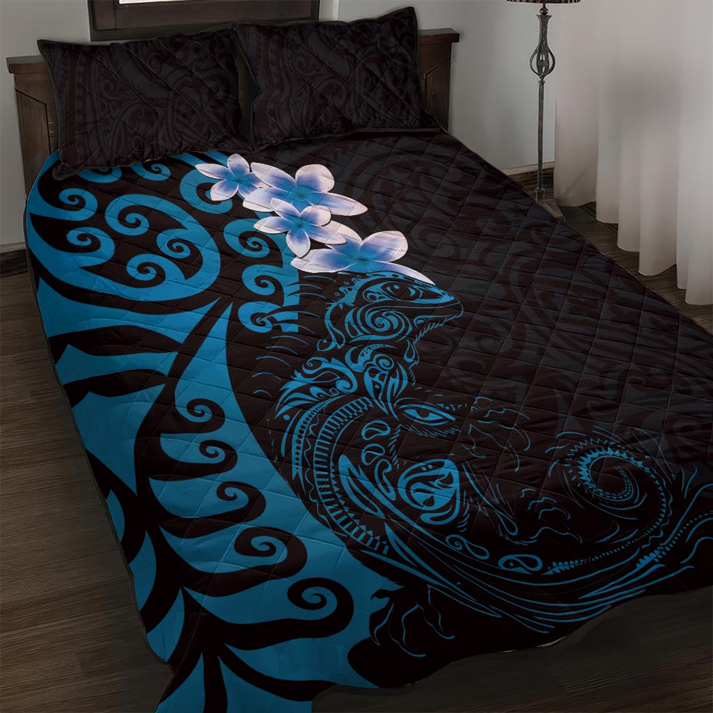 New Zealand Tuatara Plumeria Quilt Bed Set Maori Blue Koru Tribal Tattoo