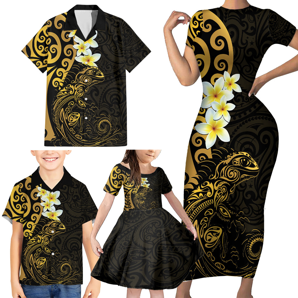 New Zealand Tuatara Plumeria Family Matching Short Sleeve Bodycon Dress and Hawaiian Shirt Maori Gold Koru Tribal Tattoo