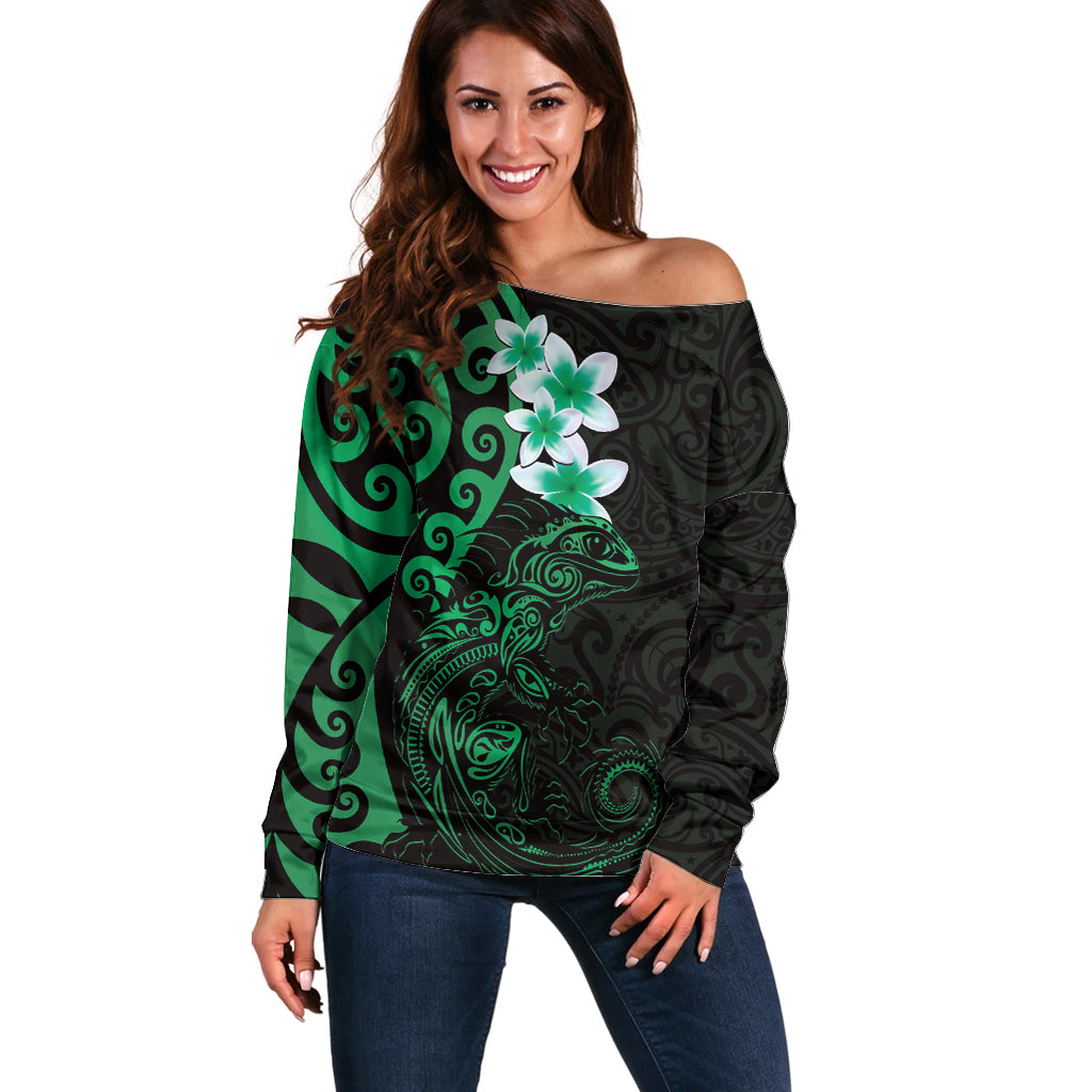 New Zealand Tuatara Plumeria Off Shoulder Sweater Maori Green Koru Tribal Tattoo LT01 Women Green - Polynesian Pride