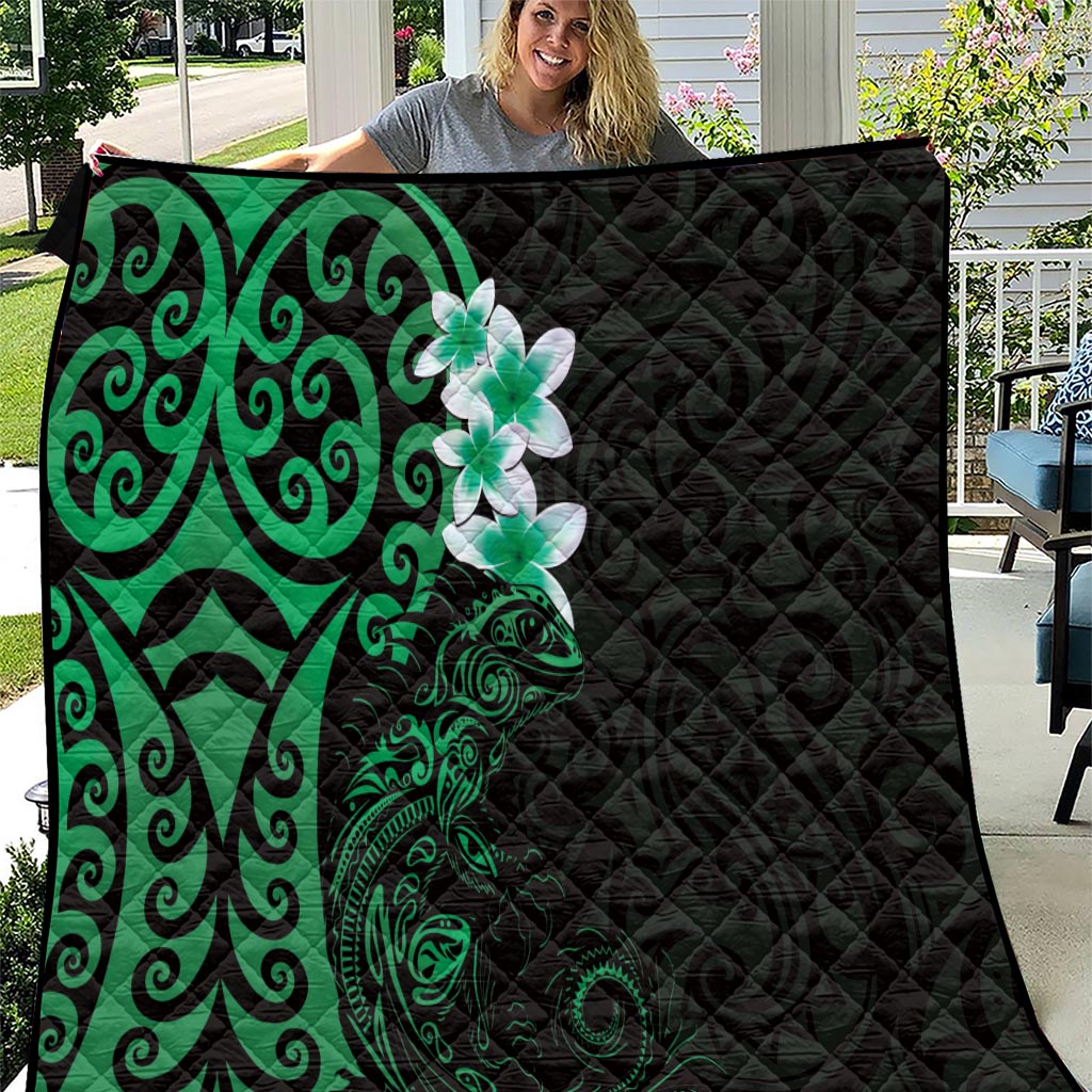 New Zealand Tuatara Plumeria Quilt Maori Green Koru Tribal Tattoo