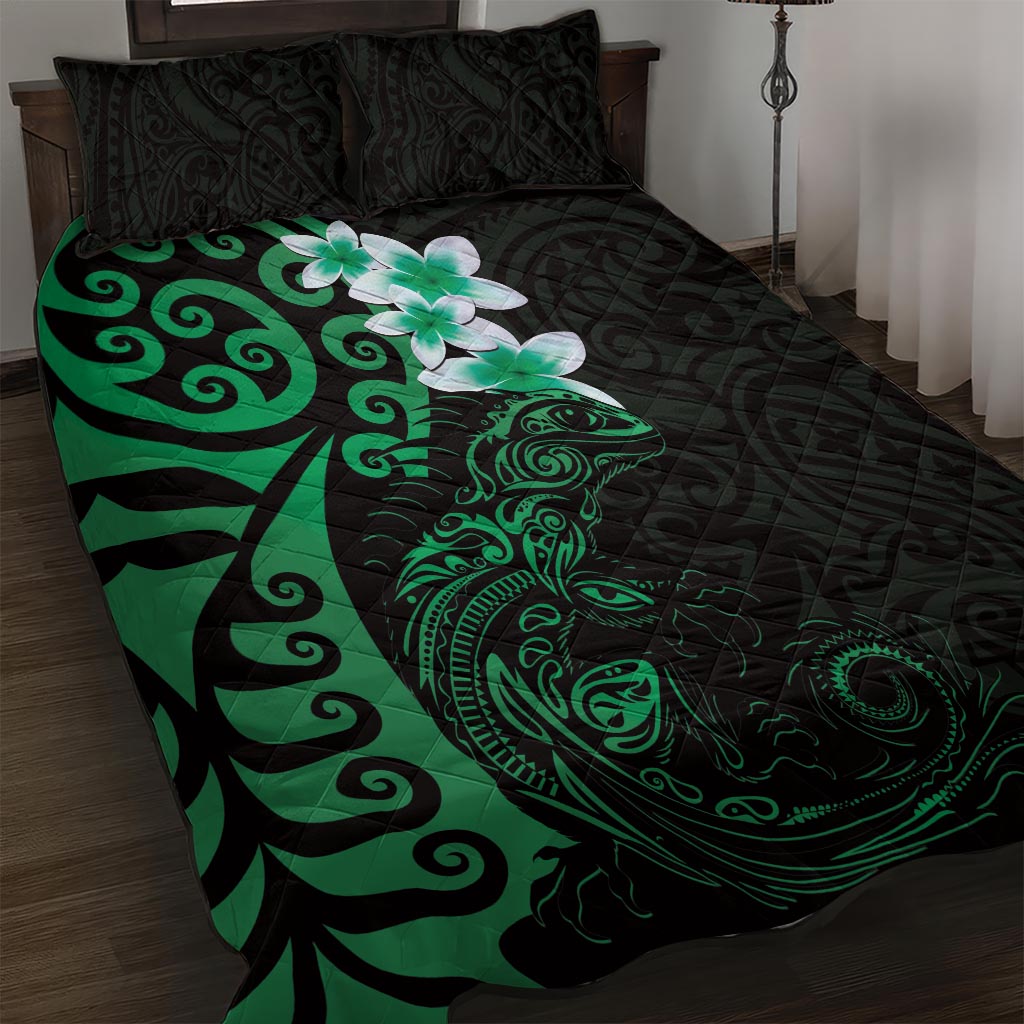 New Zealand Tuatara Plumeria Quilt Bed Set Maori Green Koru Tribal Tattoo