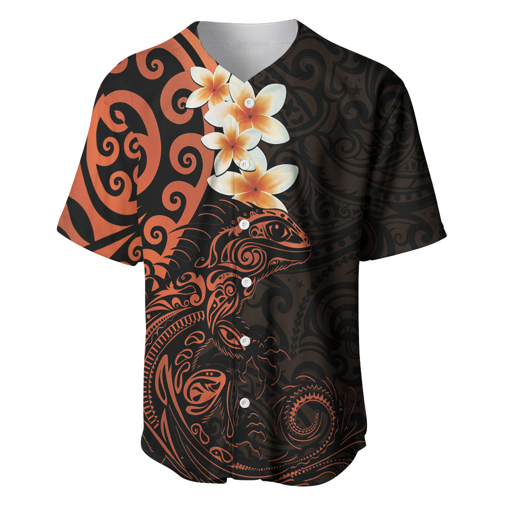 New Zealand Tuatara Plumeria Baseball Jersey Maori Orange Koru Tribal Tattoo LT01 Orange - Polynesian Pride