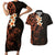 New Zealand Tuatara Plumeria Couples Matching Short Sleeve Bodycon Dress and Hawaiian Shirt Maori Orange Koru Tribal Tattoo