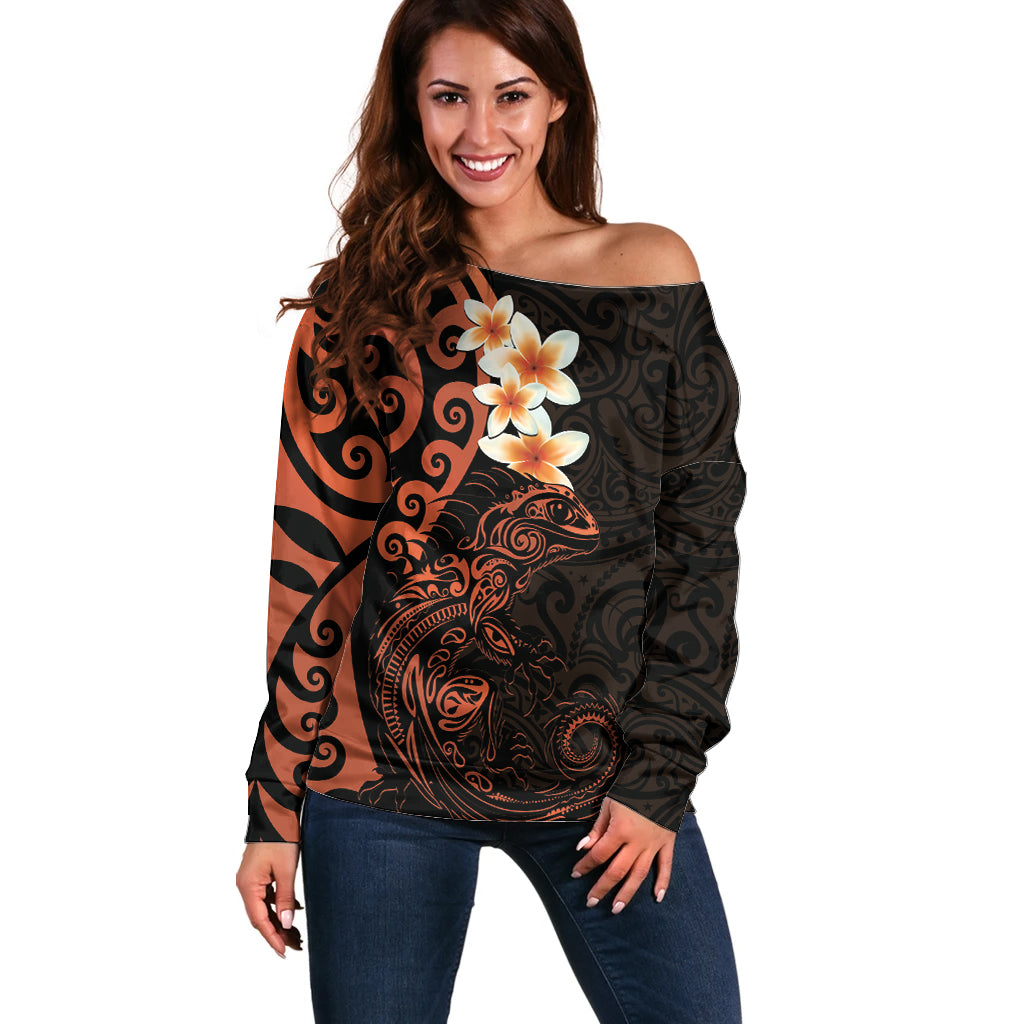New Zealand Tuatara Plumeria Off Shoulder Sweater Maori Orange Koru Tribal Tattoo LT01 Women Orange - Polynesian Pride