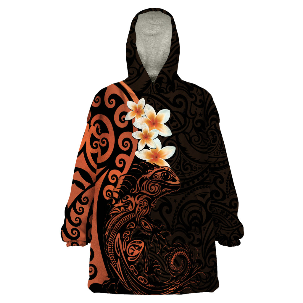 New Zealand Tuatara Plumeria Wearable Blanket Hoodie Maori Orange Koru Tribal Tattoo