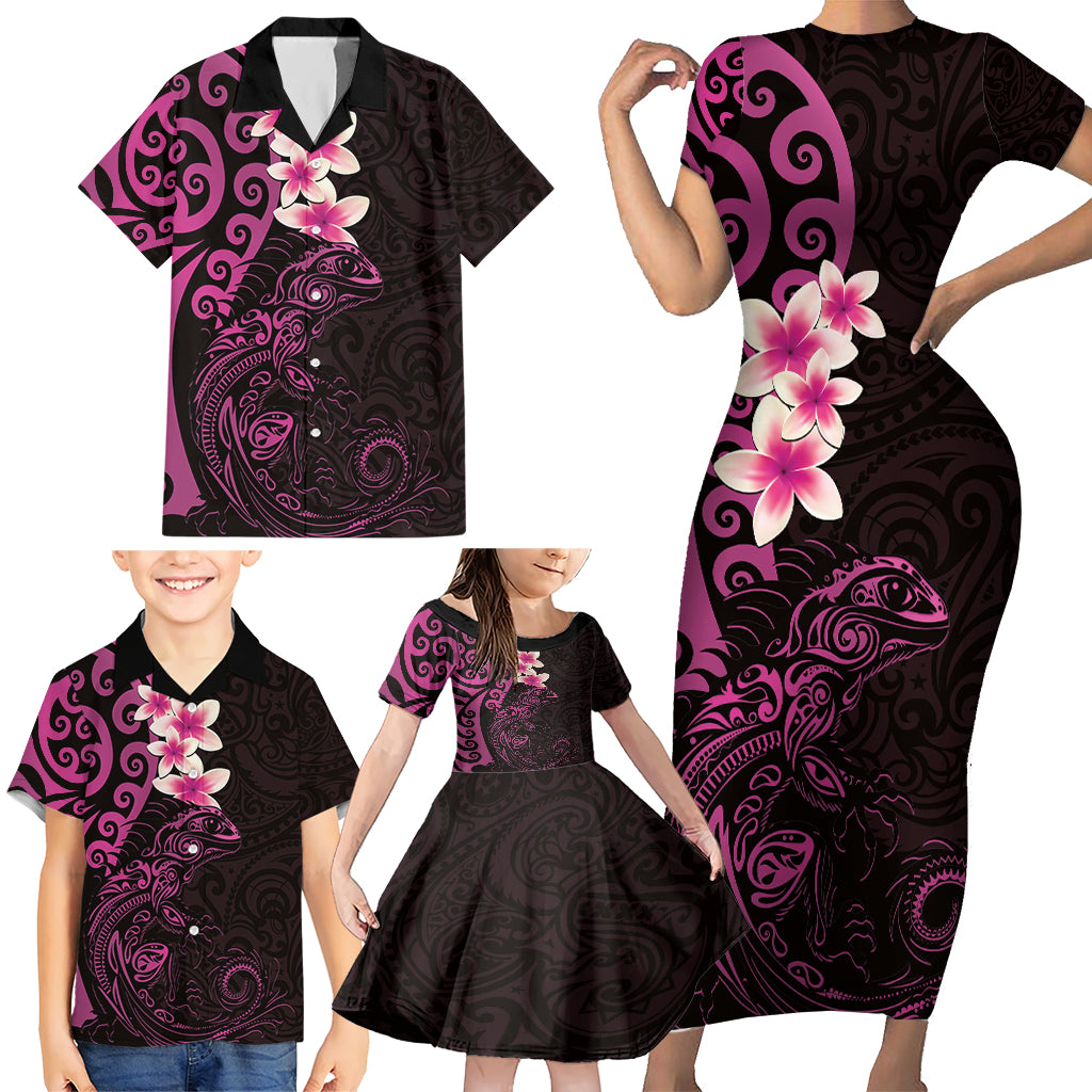 New Zealand Tuatara Plumeria Family Matching Short Sleeve Bodycon Dress and Hawaiian Shirt Maori Pink Koru Tribal Tattoo