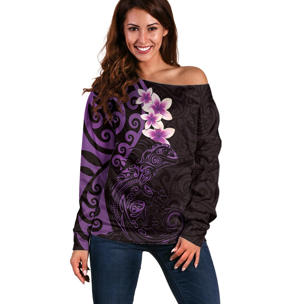 New Zealand Tuatara Plumeria Off Shoulder Sweater Maori Purple Koru Tribal Tattoo LT01 Women Purple - Polynesian Pride