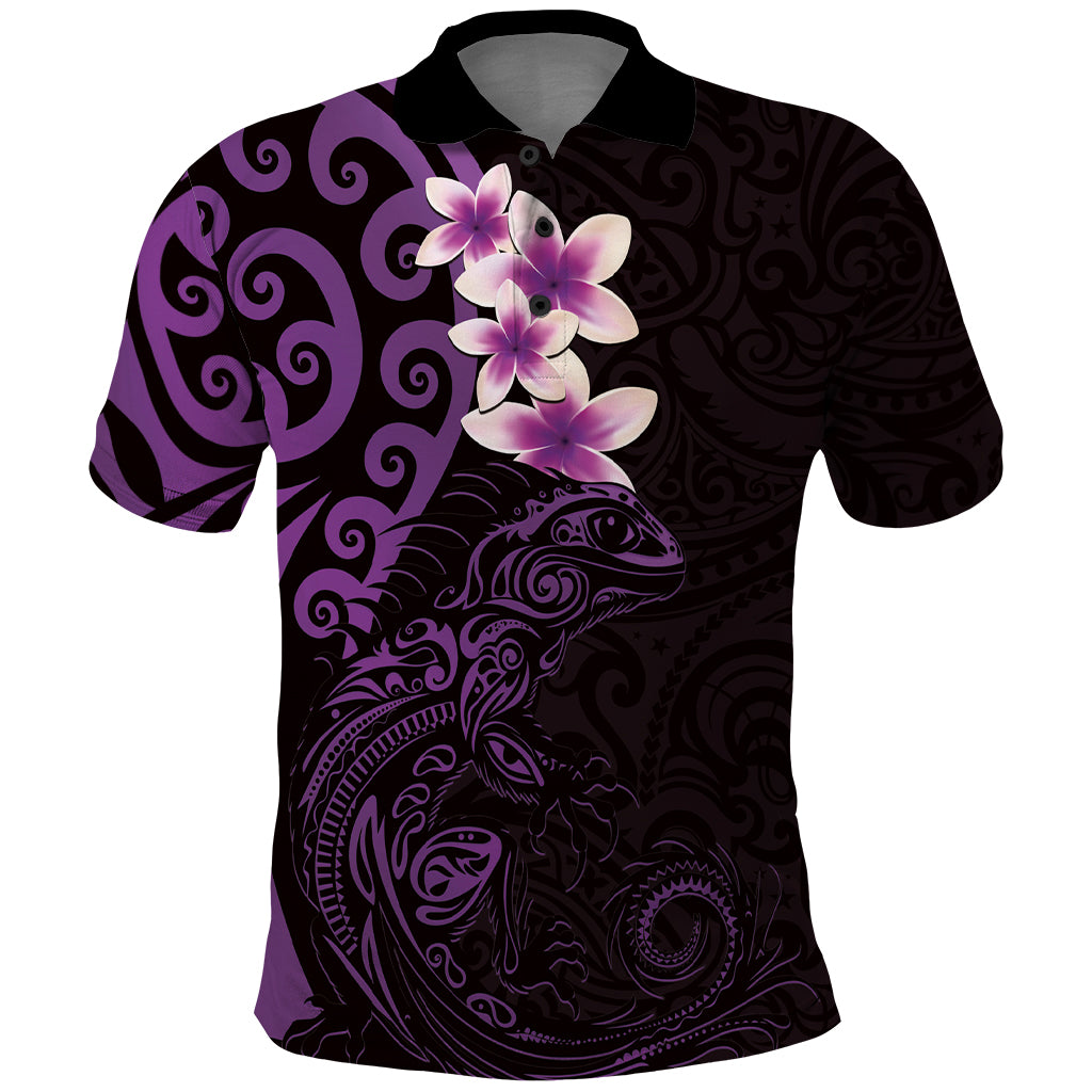 New Zealand Tuatara Plumeria Polo Shirt Maori Purple Koru Tribal Tattoo