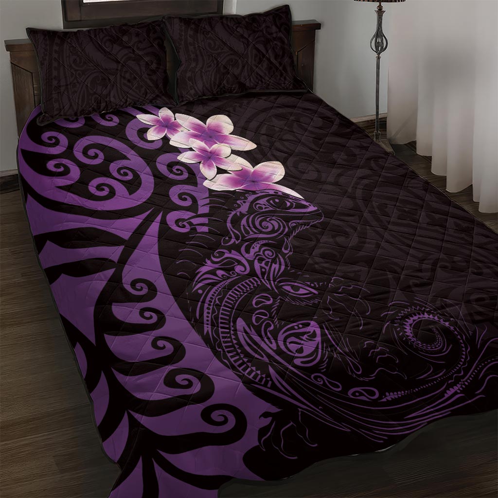 New Zealand Tuatara Plumeria Quilt Bed Set Maori Purple Koru Tribal Tattoo