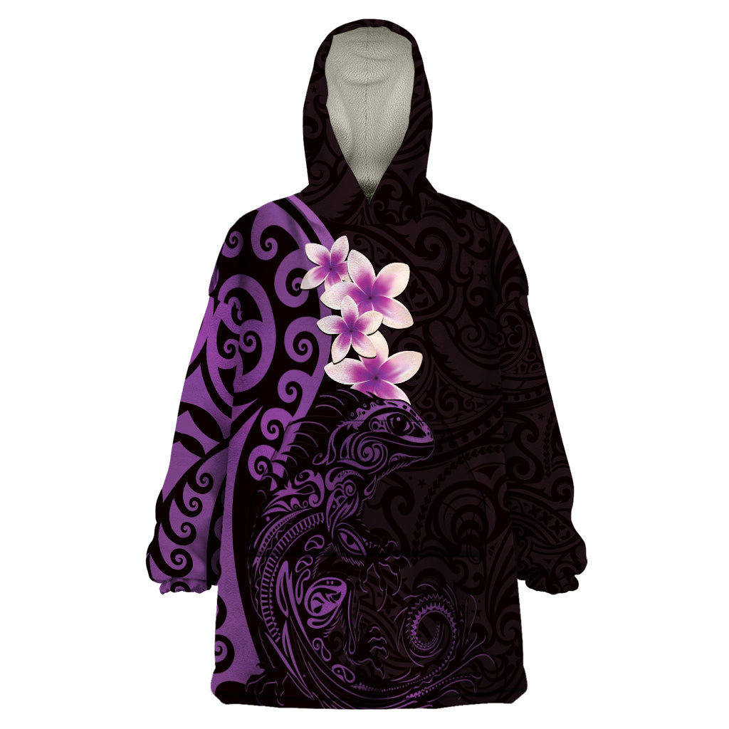 New Zealand Tuatara Plumeria Wearable Blanket Hoodie Maori Purple Koru Tribal Tattoo
