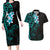 New Zealand Tuatara Plumeria Couples Matching Long Sleeve Bodycon Dress and Hawaiian Shirt Maori Teal Koru Tribal Tattoo