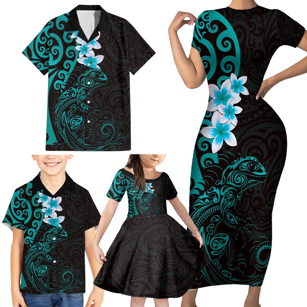 New Zealand Tuatara Plumeria Family Matching Short Sleeve Bodycon Dress and Hawaiian Shirt Maori Teal Koru Tribal Tattoo