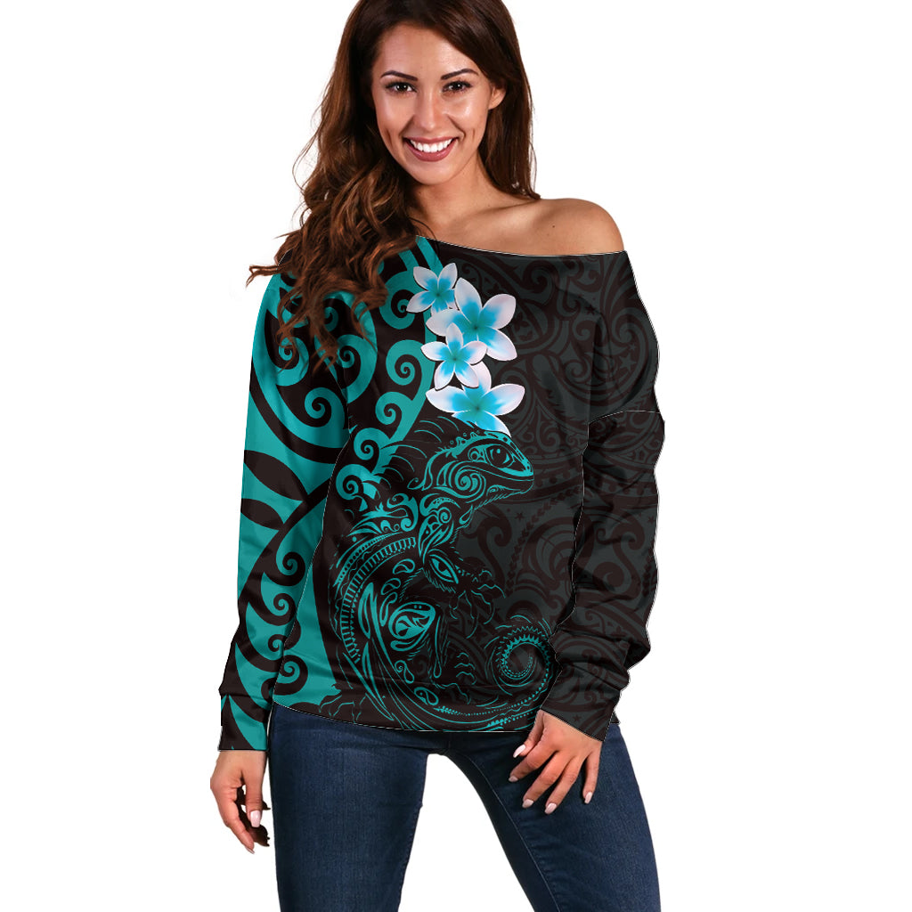 New Zealand Tuatara Plumeria Off Shoulder Sweater Maori Teal Koru Tribal Tattoo LT01 Women Teal - Polynesian Pride