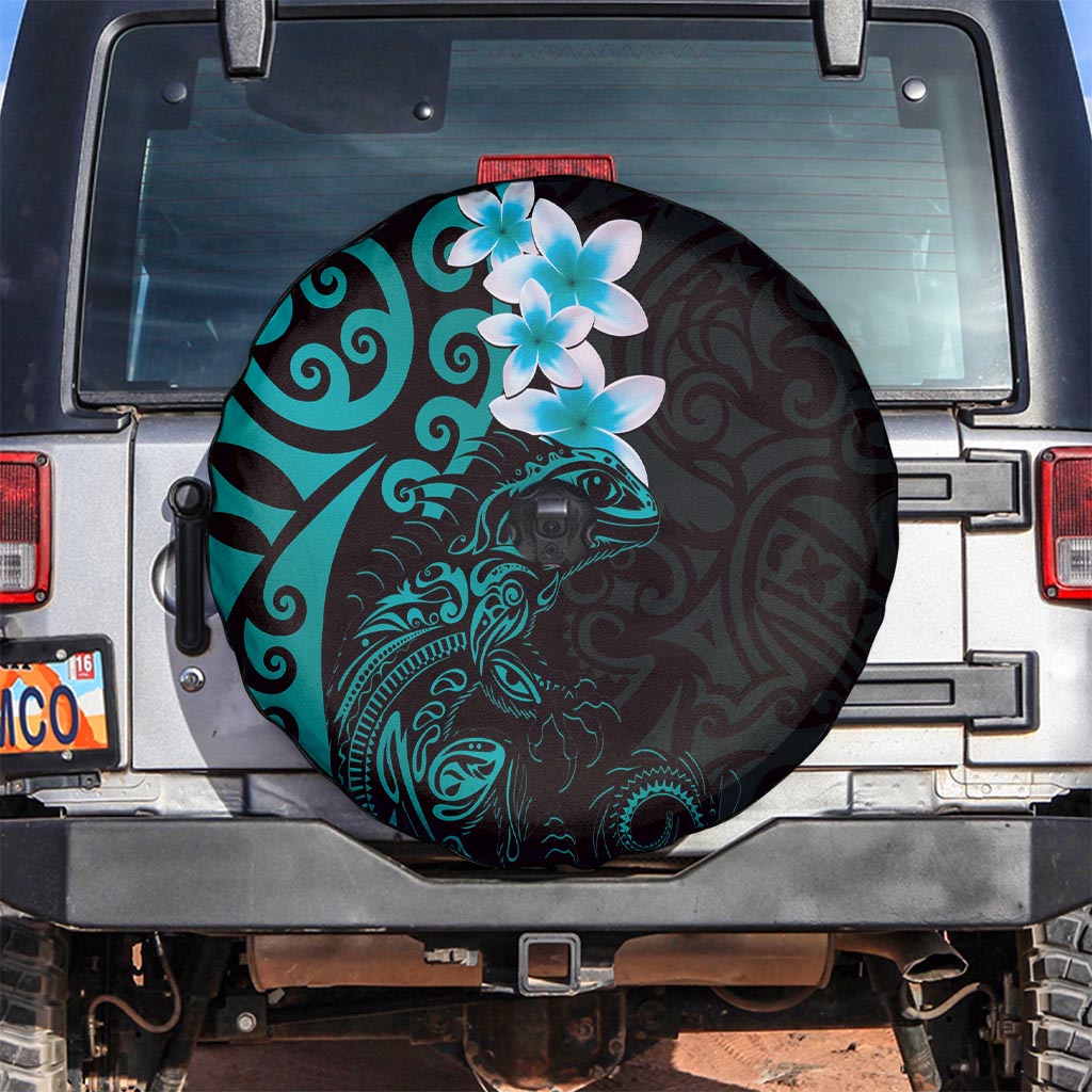 New Zealand Tuatara Plumeria Spare Tire Cover Maori Teal Koru Tribal Tattoo