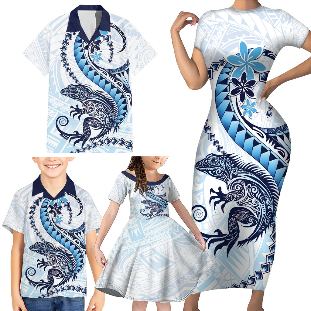 Blue Maori Tuatara Family Matching Short Sleeve Bodycon Dress and Hawaiian Shirt Luxury Pastel Pattern