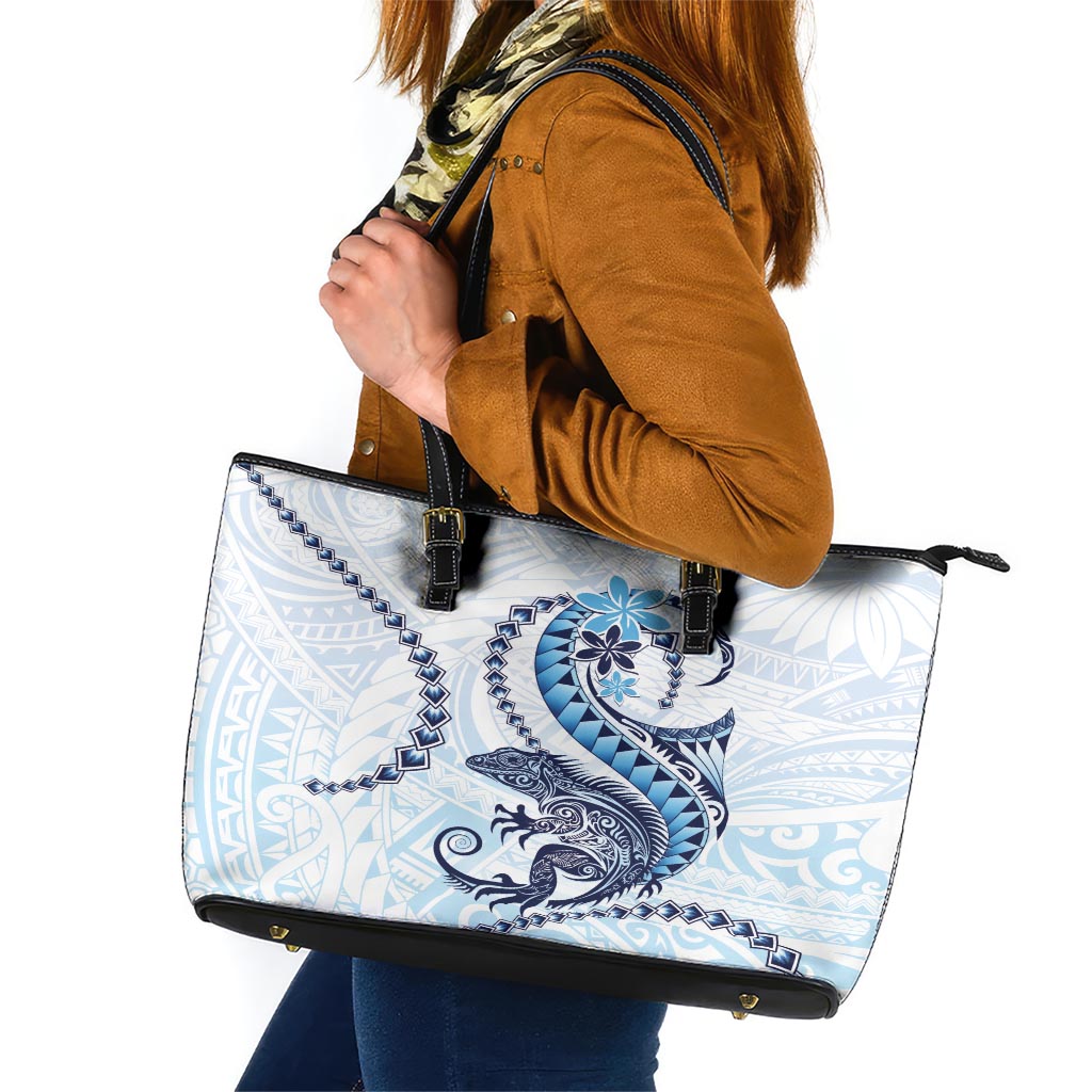 Blue Maori Tuatara Leather Tote Bag Luxury Pastel Pattern LT01 Blue - Polynesian Pride