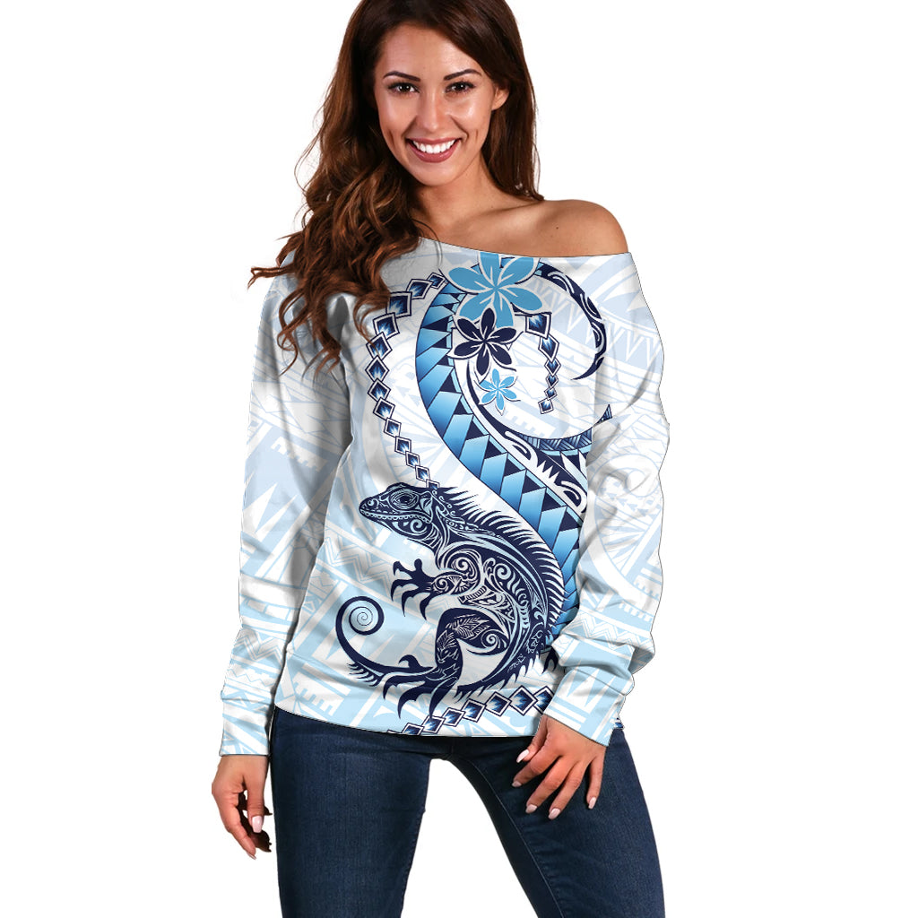 Blue Maori Tuatara Off Shoulder Sweater Luxury Pastel Pattern LT01 Women Blue - Polynesian Pride