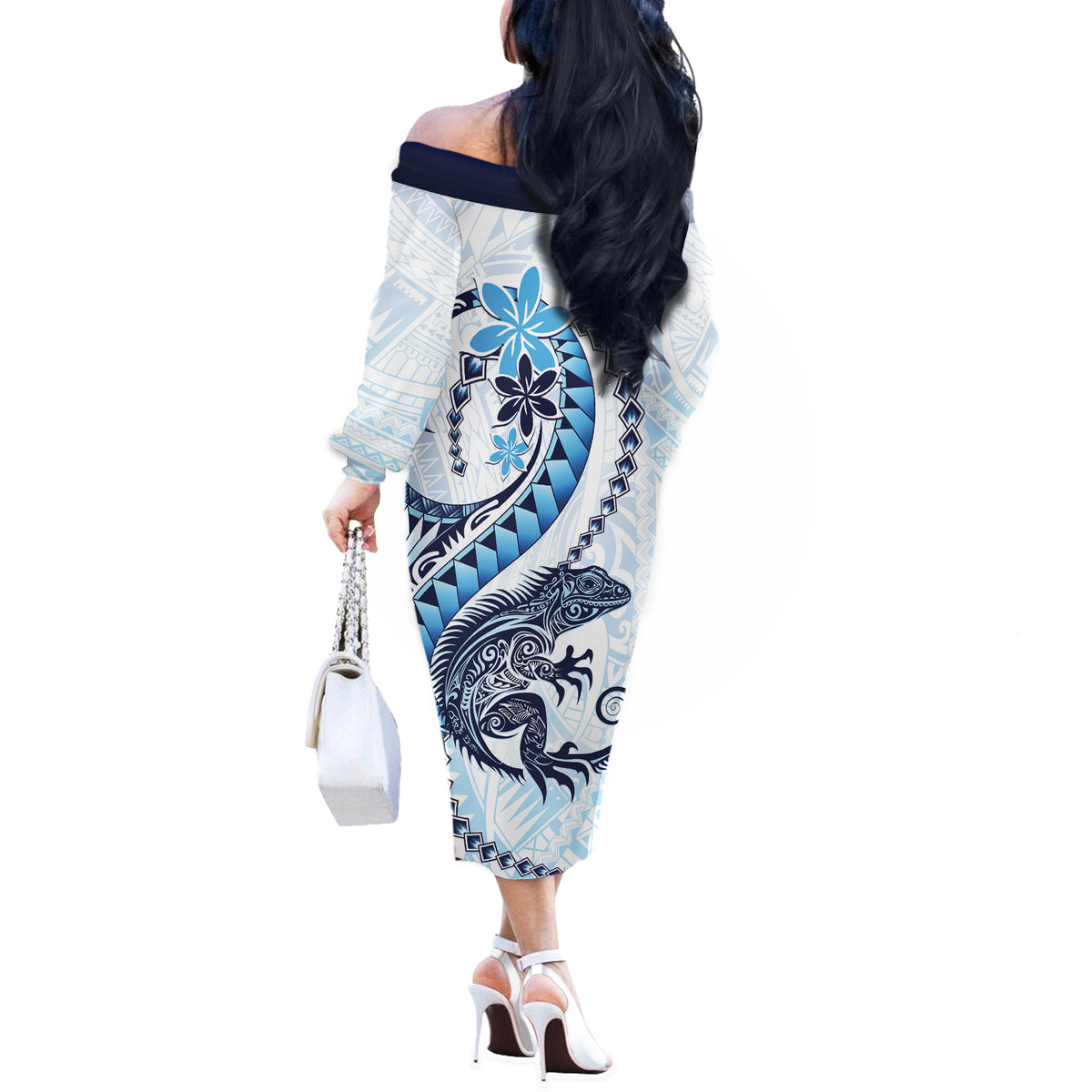 Blue Maori Tuatara Off The Shoulder Long Sleeve Dress Luxury Pastel Pattern LT01 - Polynesian Pride