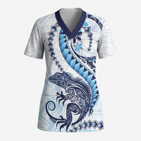 Blue Maori Tuatara Scrub Top Luxury Pastel Pattern LT01 Adult Blue - Polynesian Pride