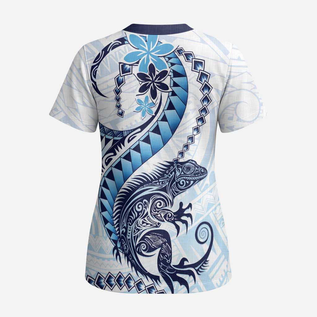 Blue Maori Tuatara Scrub Top Luxury Pastel Pattern LT01 - Polynesian Pride