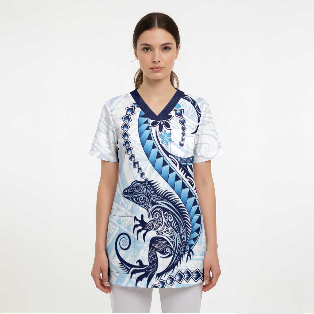 Blue Maori Tuatara Scrub Top Luxury Pastel Pattern LT01 - Polynesian Pride