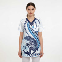 Blue Maori Tuatara Scrub Top Luxury Pastel Pattern LT01 - Polynesian Pride