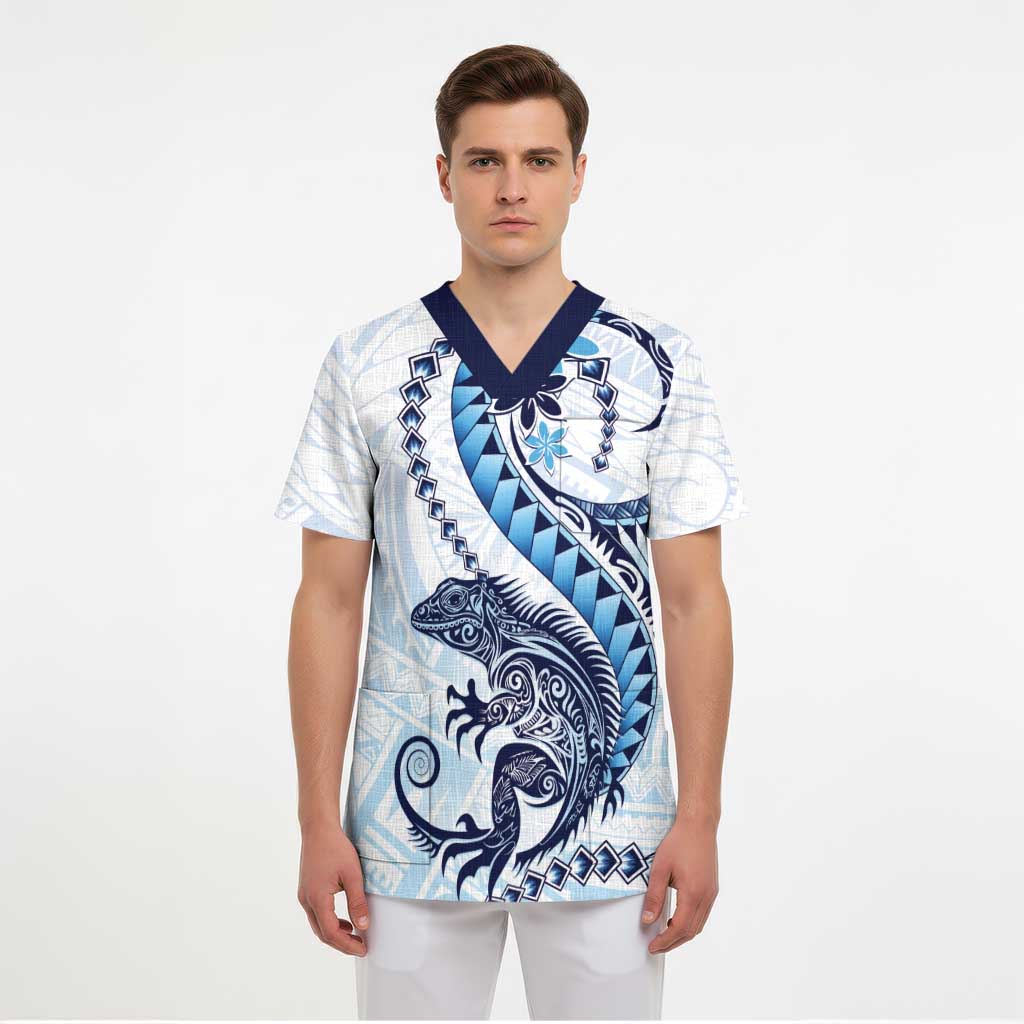Blue Maori Tuatara Scrub Top Luxury Pastel Pattern LT01 - Polynesian Pride