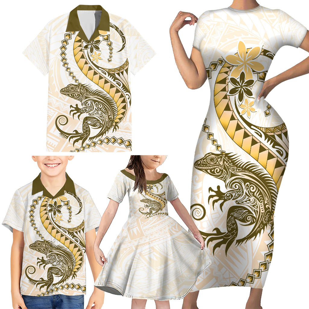 Gold Maori Tuatara Family Matching Short Sleeve Bodycon Dress and Hawaiian Shirt Luxury Pastel Pattern