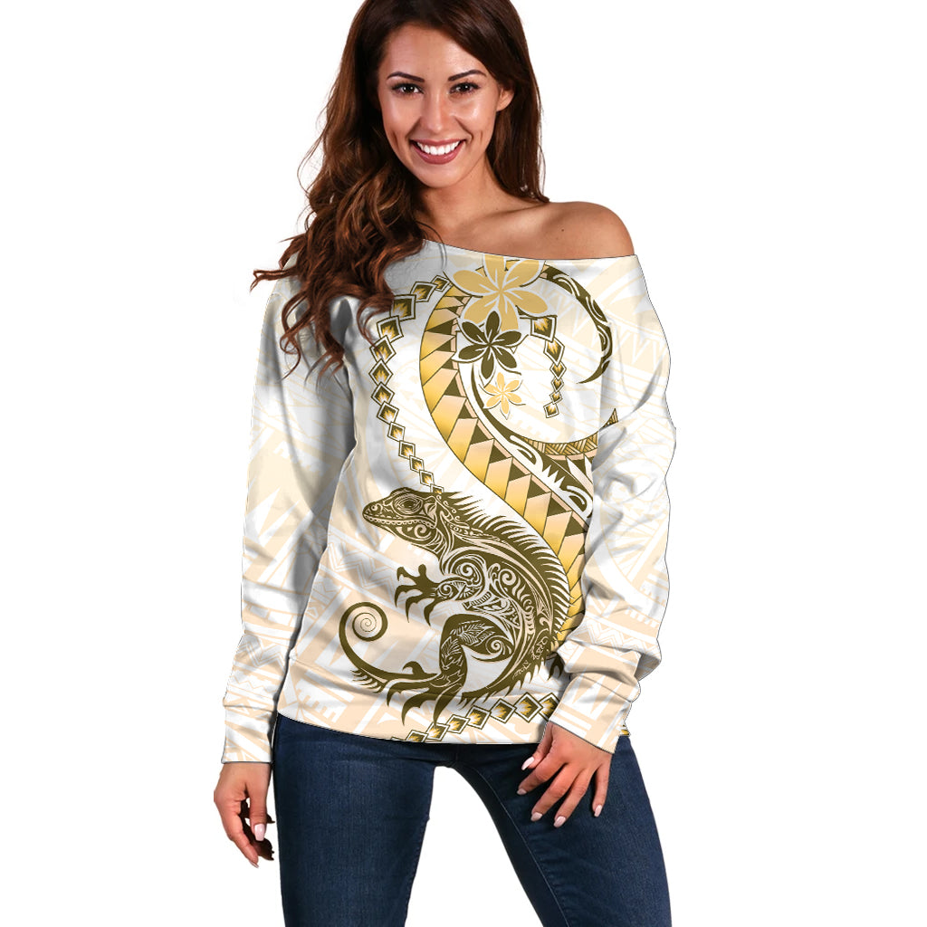 Gold Maori Tuatara Off Shoulder Sweater Luxury Pastel Pattern LT01 Women Gold - Polynesian Pride