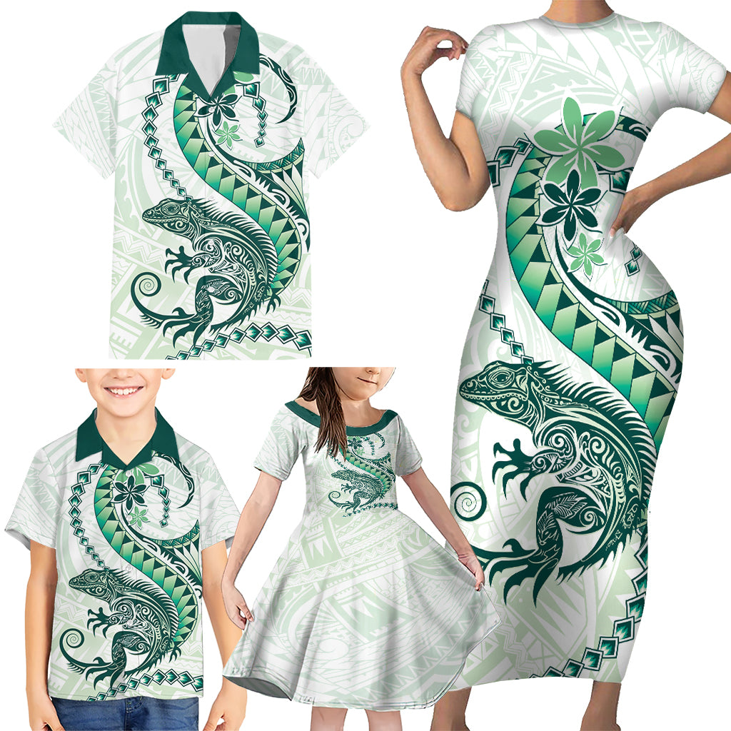 Green Maori Tuatara Family Matching Short Sleeve Bodycon Dress and Hawaiian Shirt Luxury Pastel Pattern