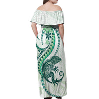 Green Maori Tuatara Off Shoulder Maxi Dress Luxury Pastel Pattern LT01 - Polynesian Pride