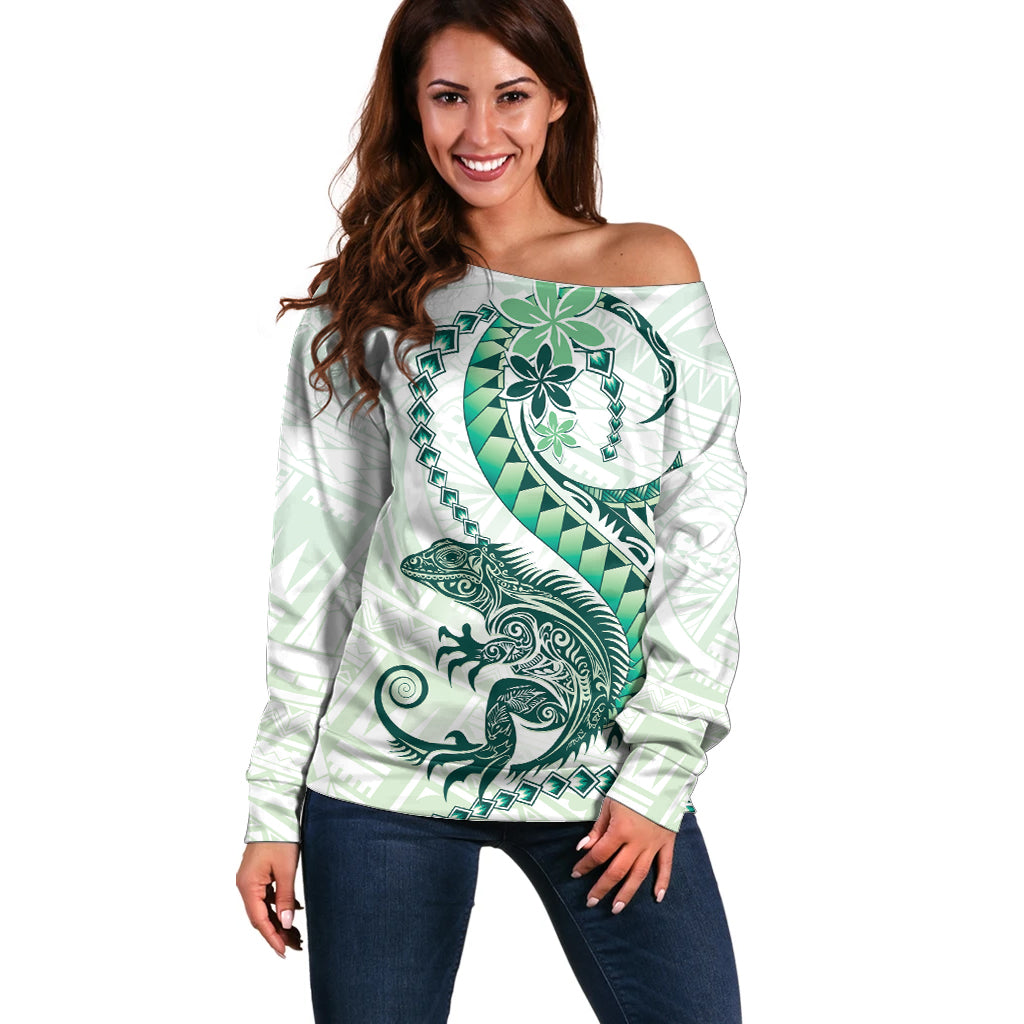 Green Maori Tuatara Off Shoulder Sweater Luxury Pastel Pattern LT01 Women Green - Polynesian Pride
