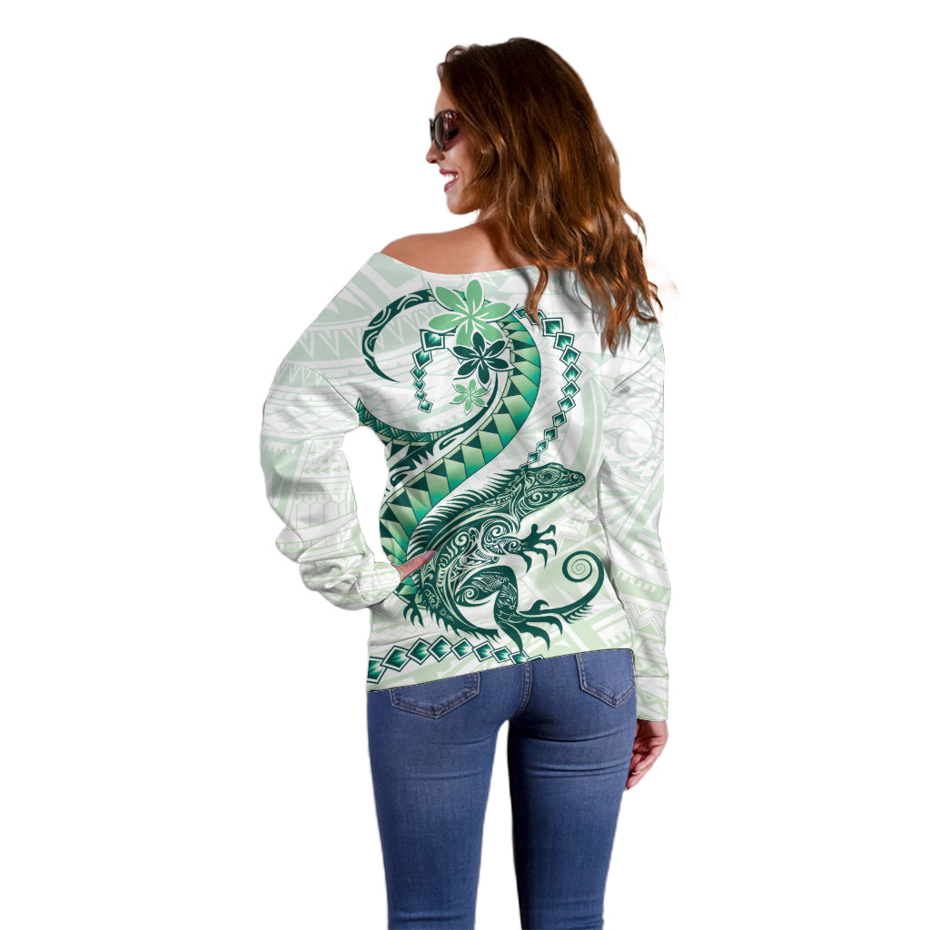 Green Maori Tuatara Off Shoulder Sweater Luxury Pastel Pattern LT01 - Polynesian Pride