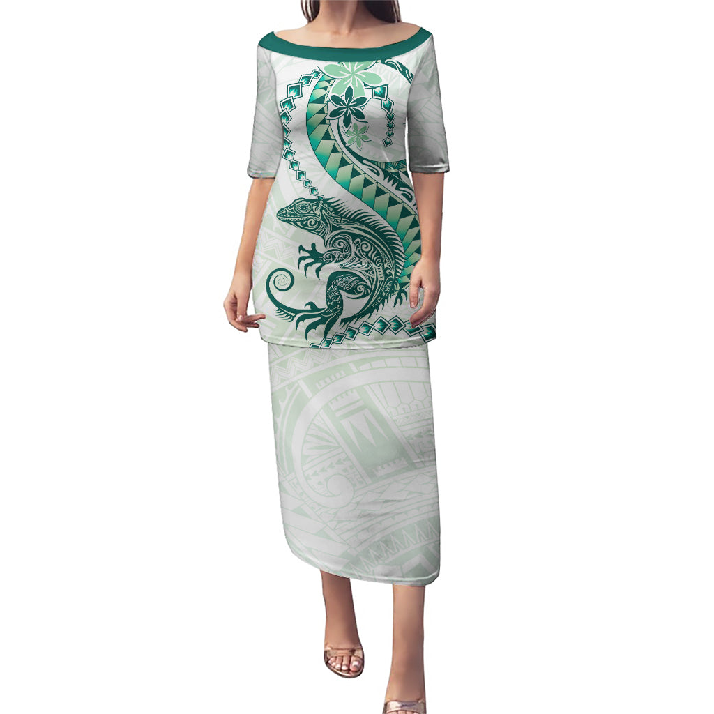 Green Maori Tuatara Puletasi Luxury Pastel Pattern LT01 Long Dress Green - Polynesian Pride