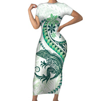 Green Maori Tuatara Short Sleeve Bodycon Dress Luxury Pastel Pattern LT01 Long Dress Green - Polynesian Pride