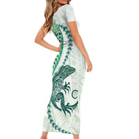 Green Maori Tuatara Short Sleeve Bodycon Dress Luxury Pastel Pattern LT01 - Polynesian Pride