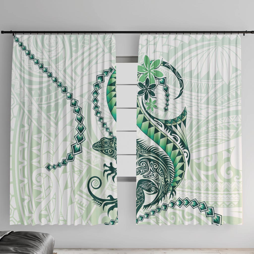 Green Maori Tuatara Window Curtain Luxury Pastel Pattern LT01 With Hooks Green - Polynesian Pride