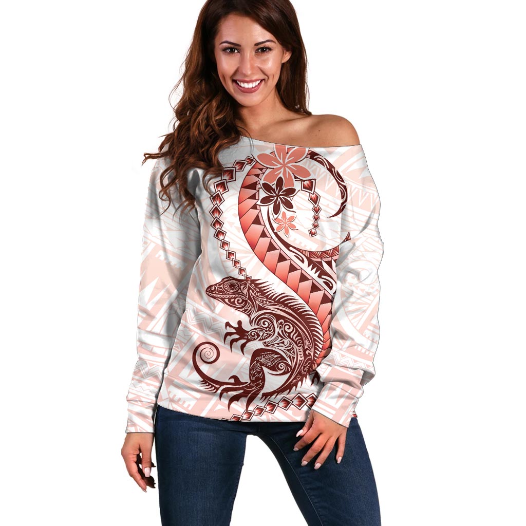 Red Maori Tuatara Off Shoulder Sweater Luxury Pastel Pattern LT01 Women Red - Polynesian Pride