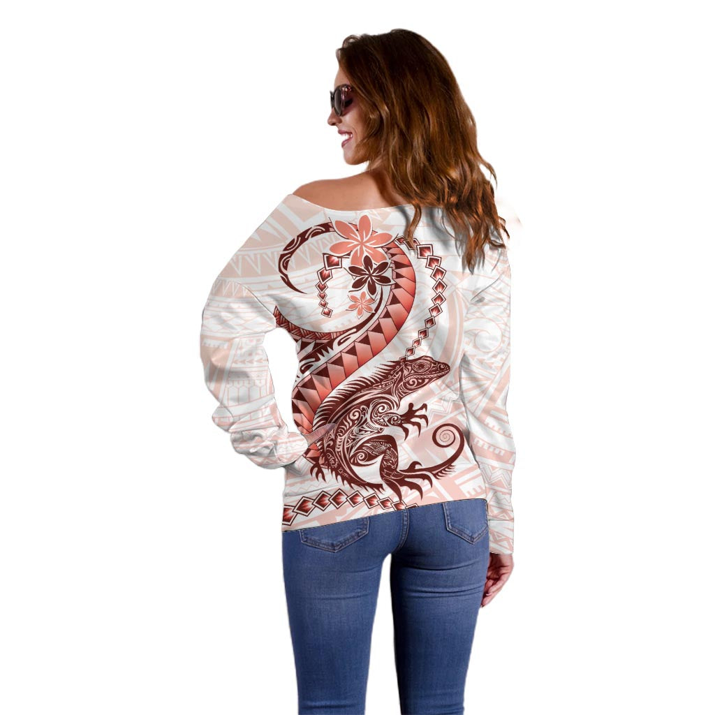 Red Maori Tuatara Off Shoulder Sweater Luxury Pastel Pattern LT01 - Polynesian Pride
