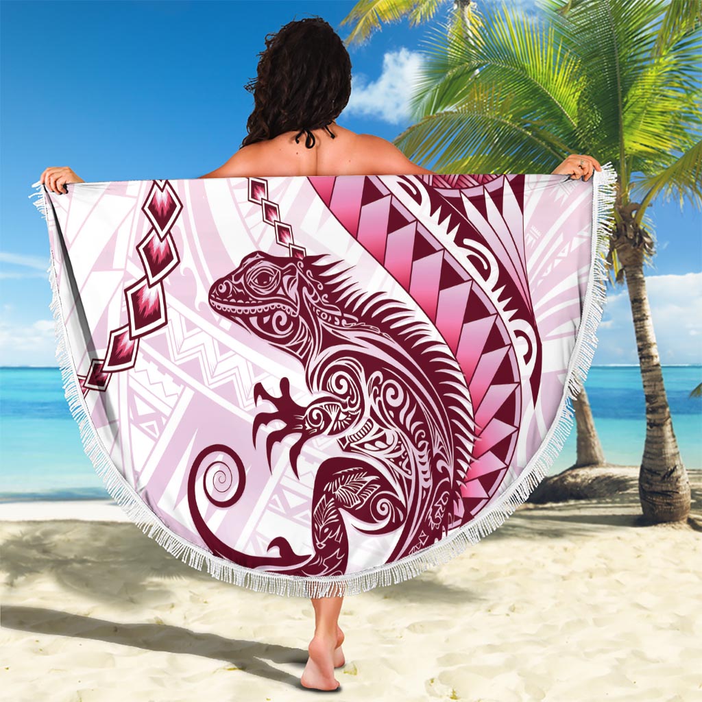 Pink Maori Tuatara Beach Blanket Luxury Pastel Pattern LT01 - Polynesian Pride