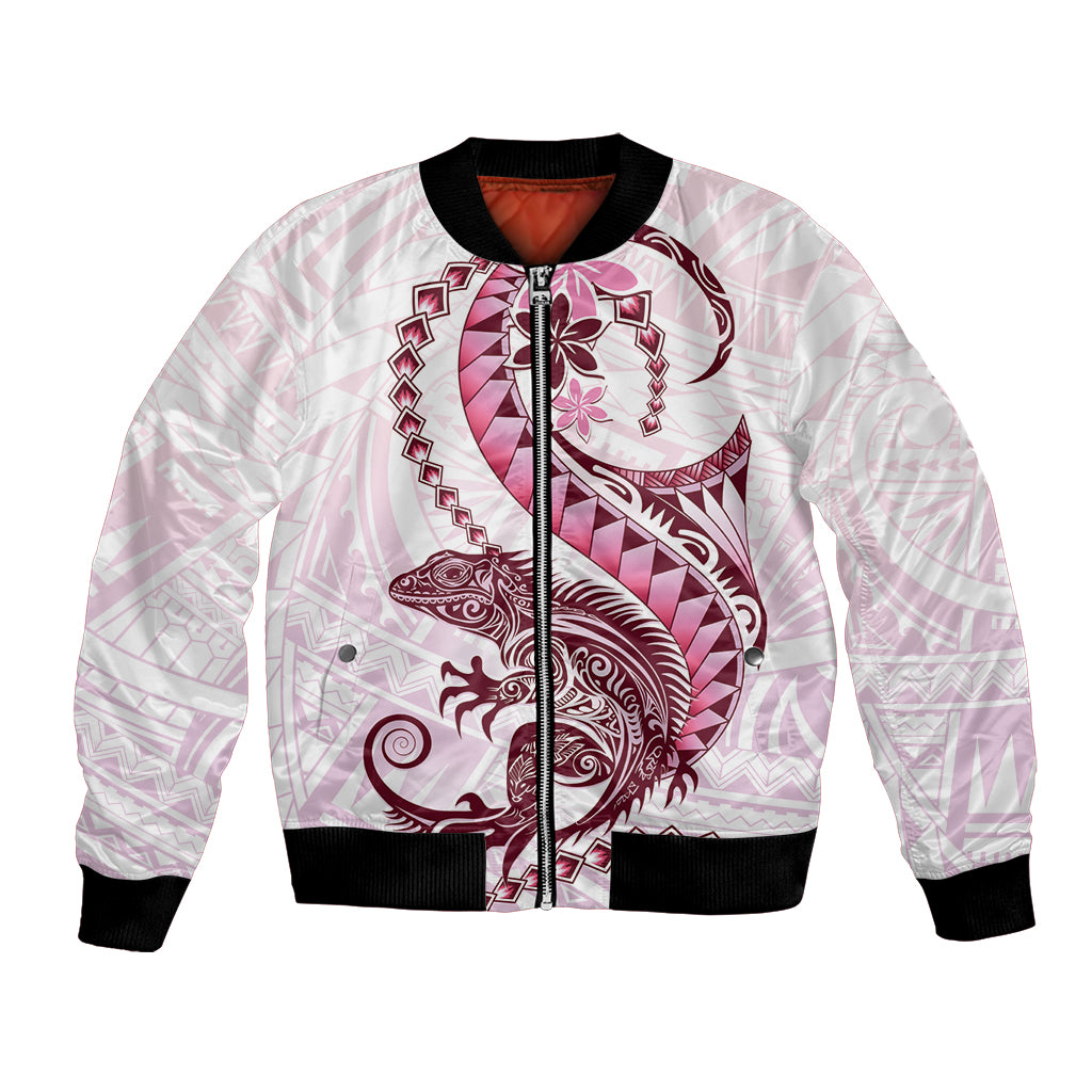 Pink Maori Tuatara Bomber Jacket Luxury Pastel Pattern LT01 Unisex Pink - Polynesian Pride